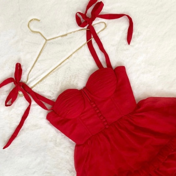 Red ruffled tie strap mini dress - Picture 3 of 10